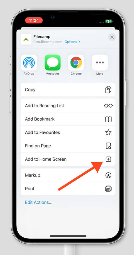 Safari share menu showing Add to Home Screen with an arrow