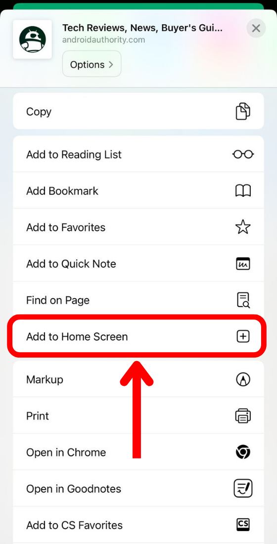 Safari share menu with Add to Home Screen highlighted